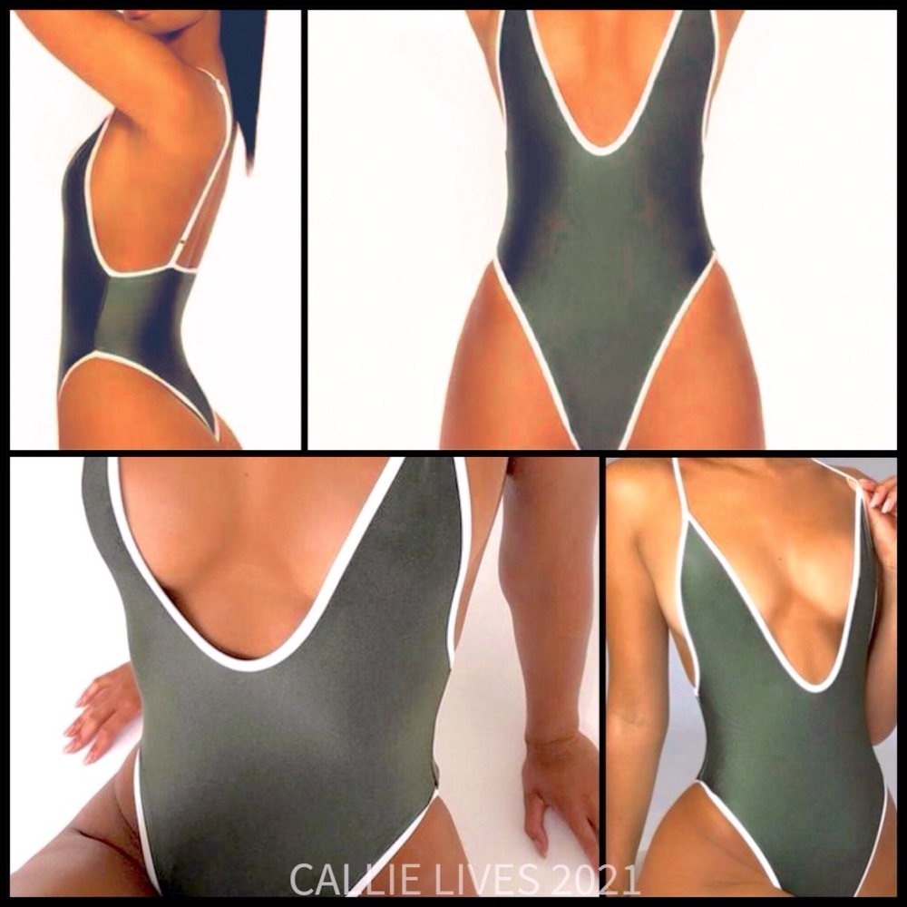 SOLDOUT Cut: Army Green Plunging Thong Swimsuit - Picture 1 of 5